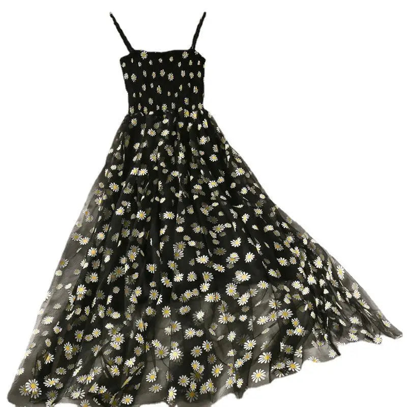 Spaghetti Strap Floral Daisy Mesh Dress - French Retro Beach Vestido