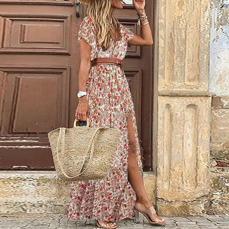Summer Bohemian V-Neck Long Dress - Floral Print Beach Maxi Dress