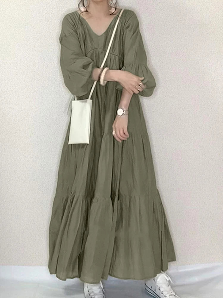 ZANZEA Women Autumn Long Dress - V-Neck Puff Sleeve Maxi Dress