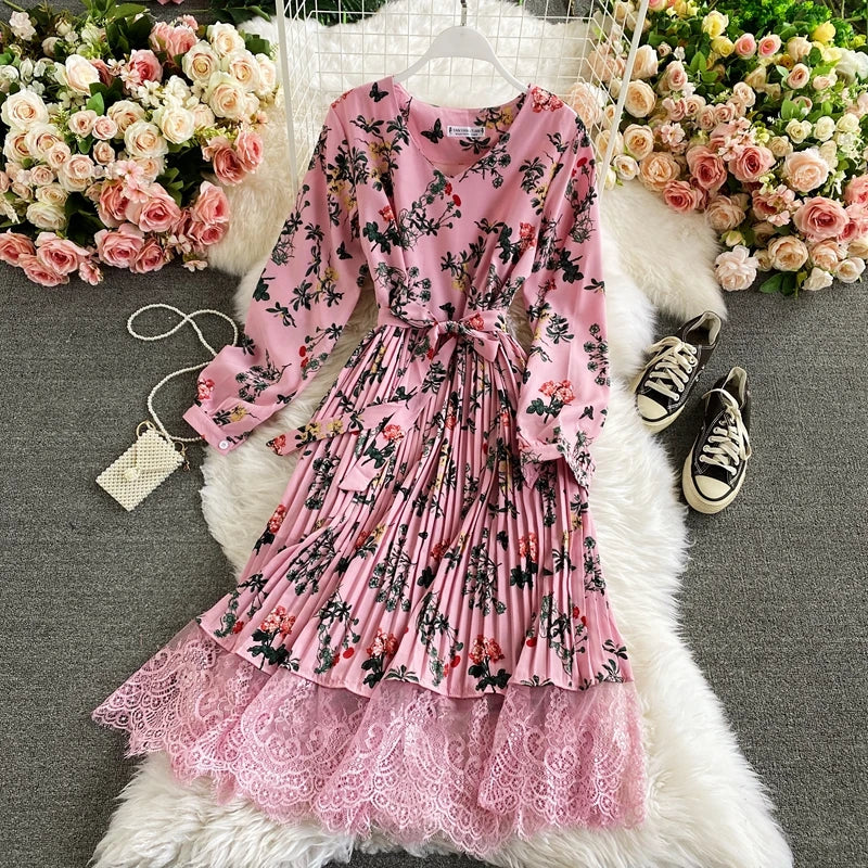 Women's Vintage Floral Print Long Dress - Elegant Spring & Autumn Party Robe
