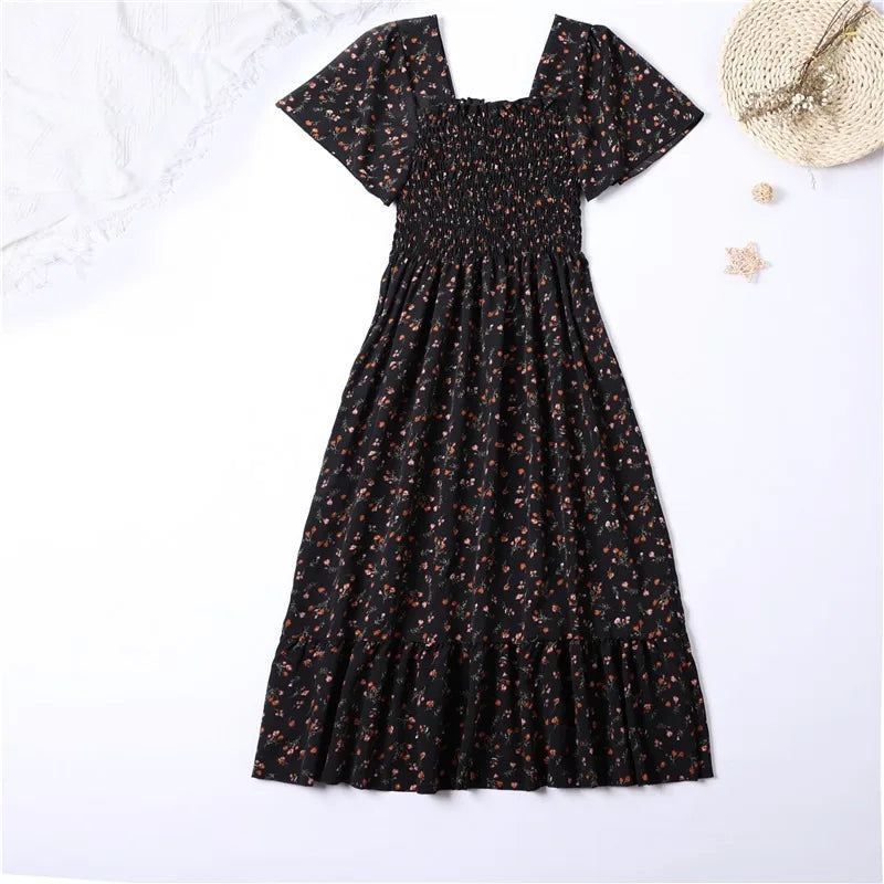 Chiffon Dress - Floral Pleated Midi Dress with Elastic Waist