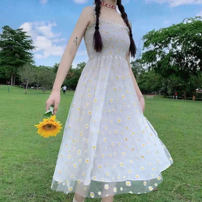 Spaghetti Strap Floral Daisy Mesh Dress - French Retro Beach Vestido