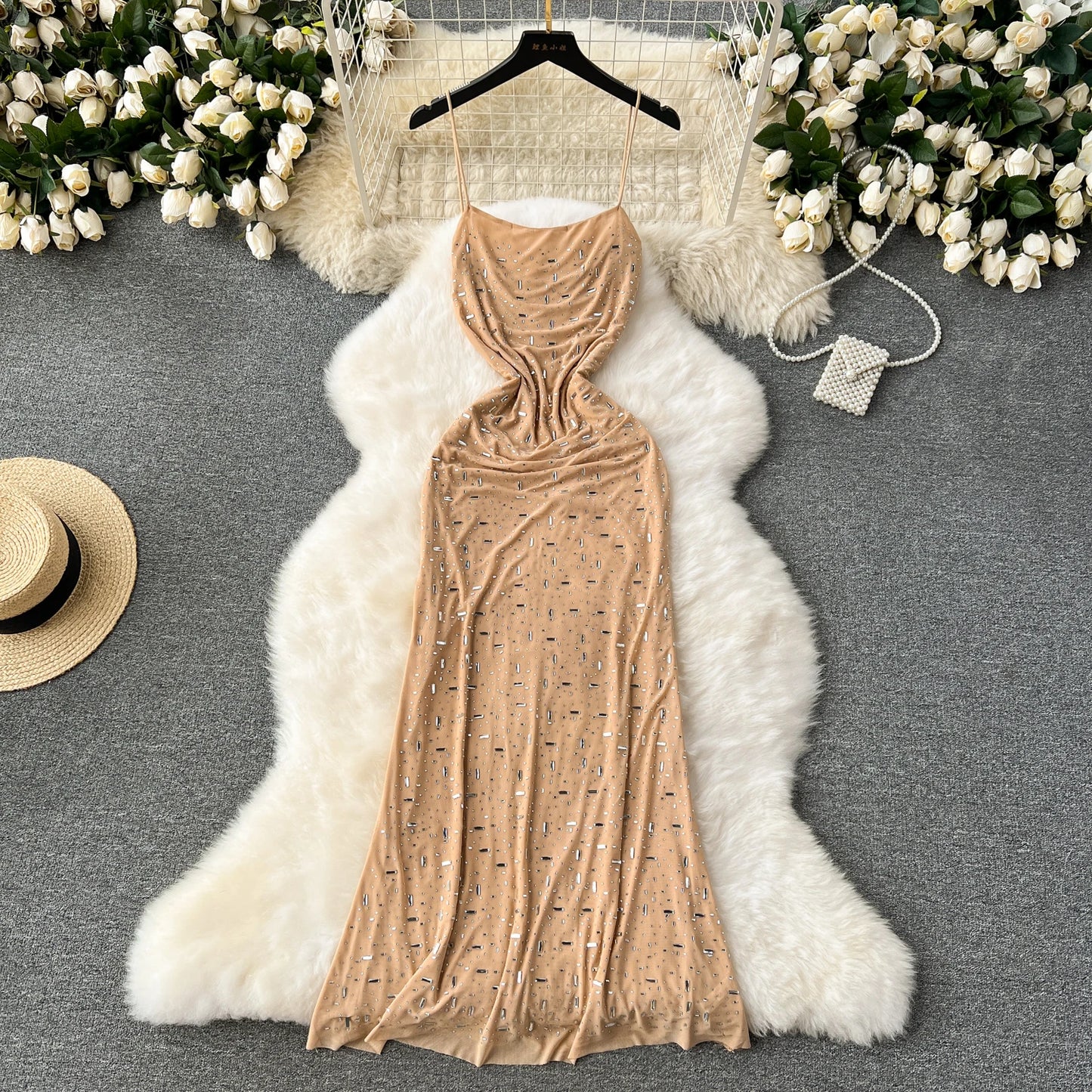 Sexy Mesh Rhinestone Bodycon Dress - Sleeveless Long Dress
