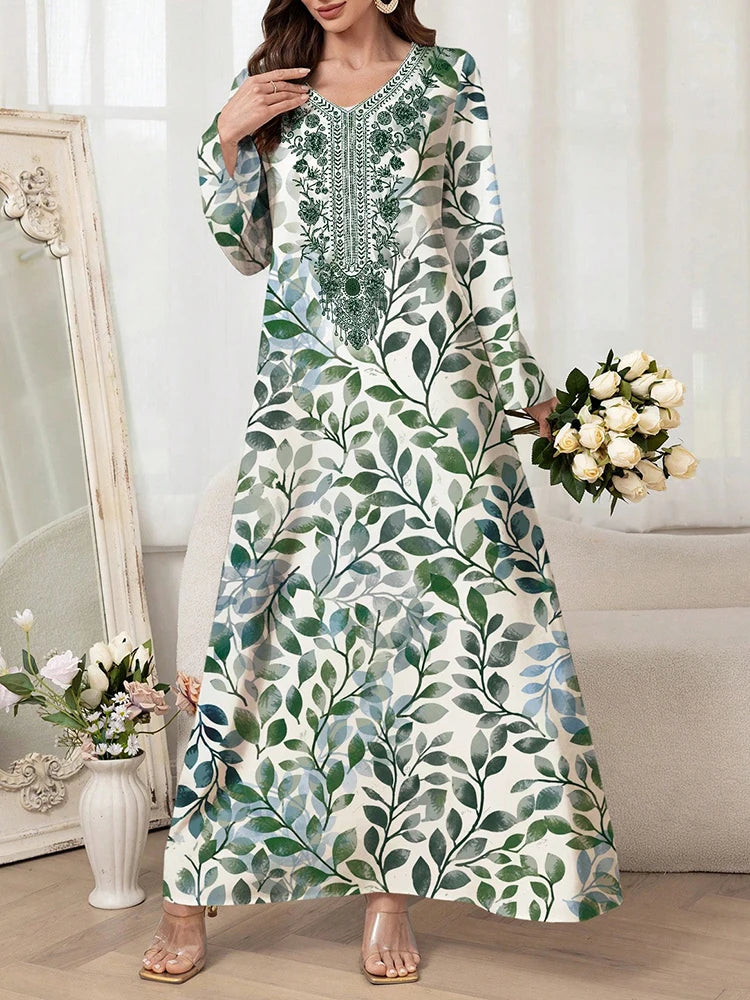 Women's Graphic Print Jalabiya - Long Sleeve V-Neck Loose Dress