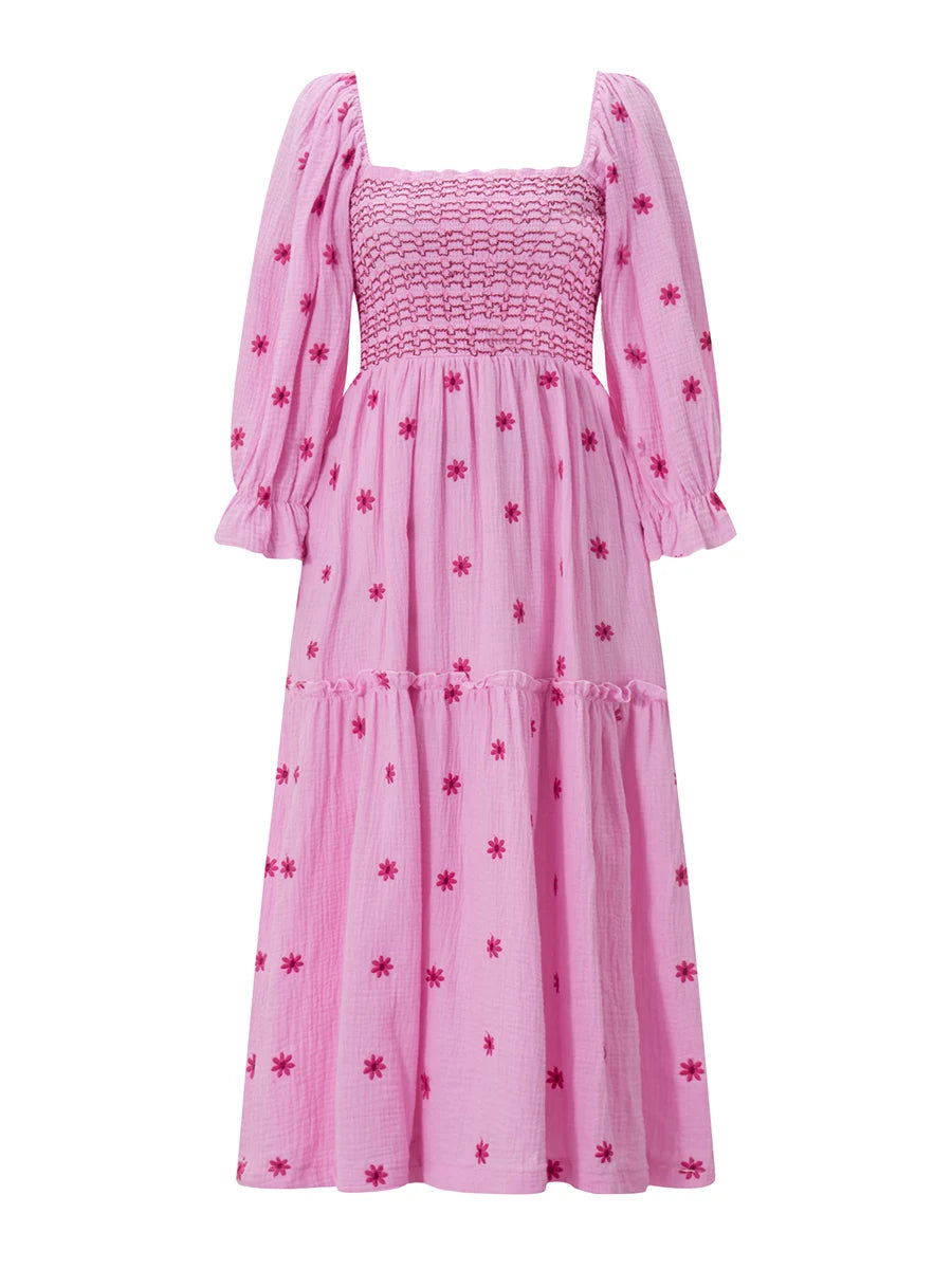 Retro Embroidered Flowers Flowy Long Dress - A-Line Dress