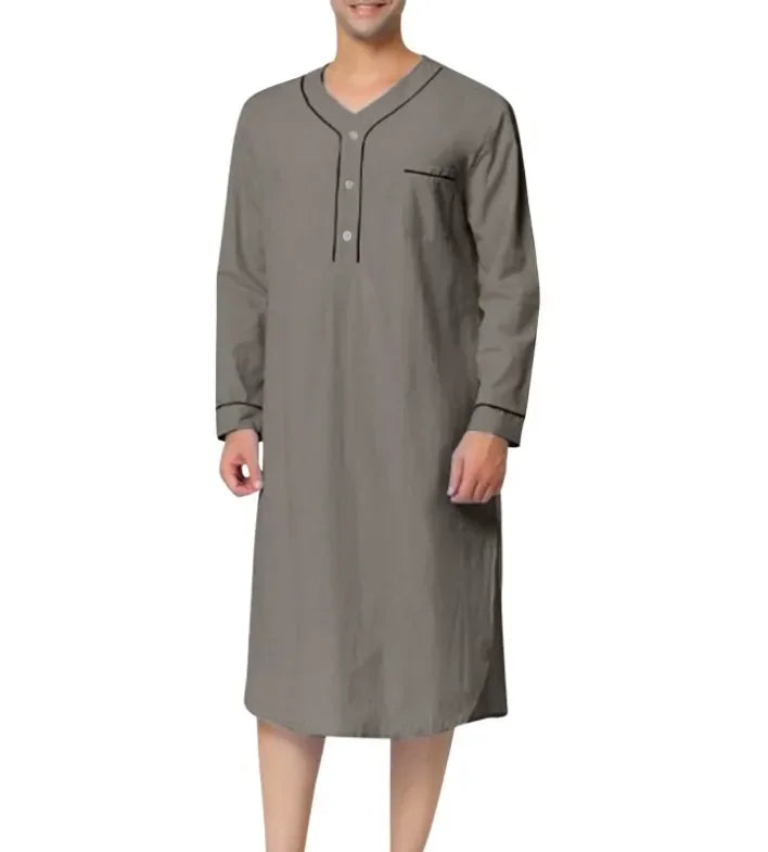 New 2025 Men Jubba Thobe Solid Color Pajamas Fashion Solid Loose Muslim Robe Long-sleeved Nightgown Bathrobes Mens Muslim Kaftan