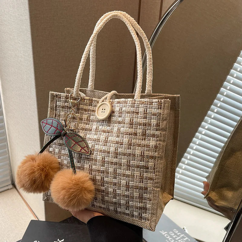 Retro Braided Pattern Jute Tote Bag - Large Capacity Grocery & Beach Handbag