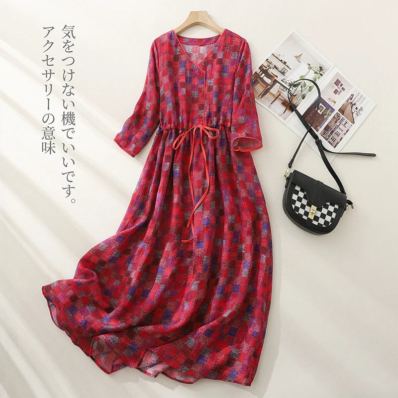 Vintage V-Neck Half Sleeve Long Dress - Drawstring Pockets Women's Dress
