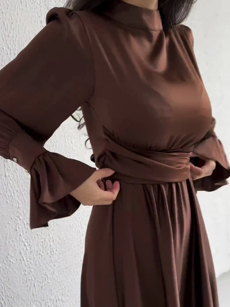 Lotus Leaf Sleeve Satin Abaya Long Dress - Ramadan Party Dress