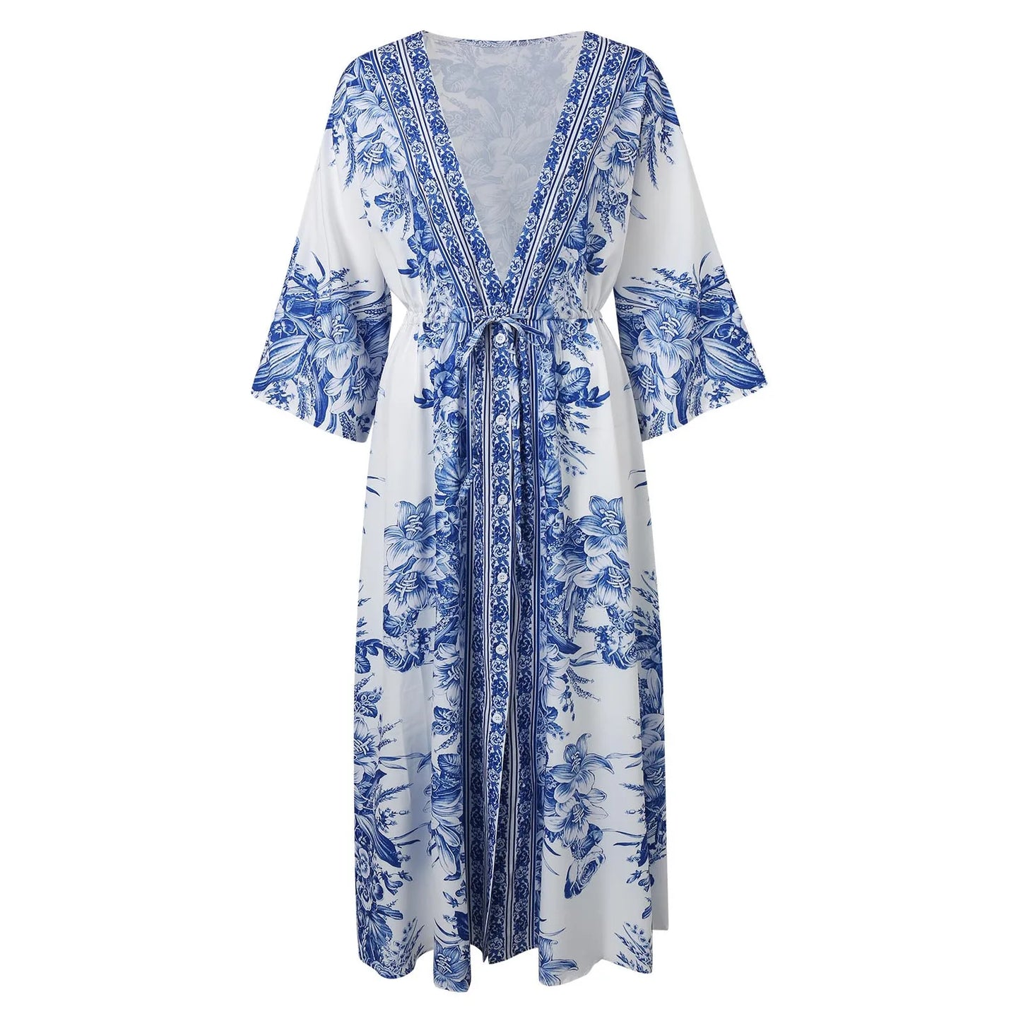 Boho Print Half Sleeve Long Dress - Japanese Kimono Lace-Up Sundress