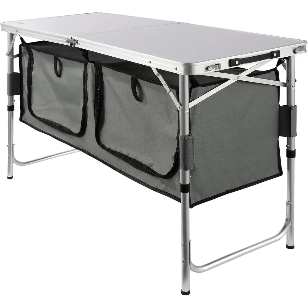 Folding Camping Kitchen Table with Adjustable Height & Storage