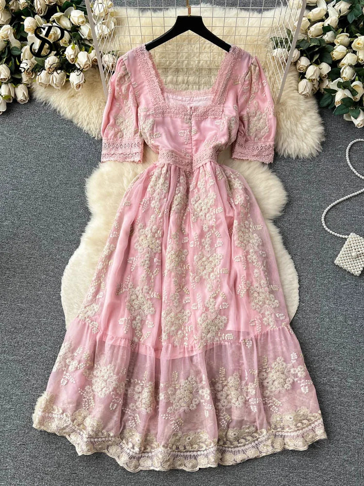 SINGREINY Lace Embroidery Long Dress - French Vintage Floral Midi Sundress