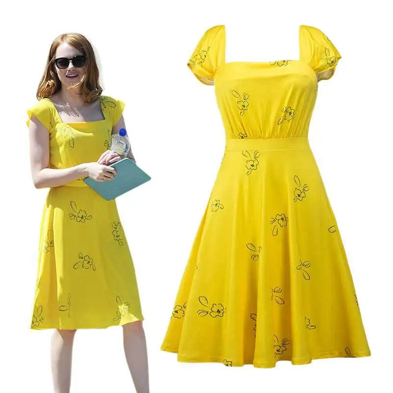 La La Land Mia Cosplay Costume - Yellow Sleeveless Dress for Women