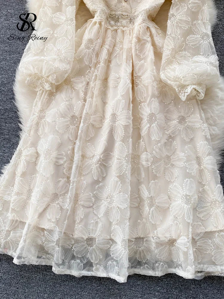 SINGREINY Lace French Style Long Dress - Summer V Neck Beach Dress