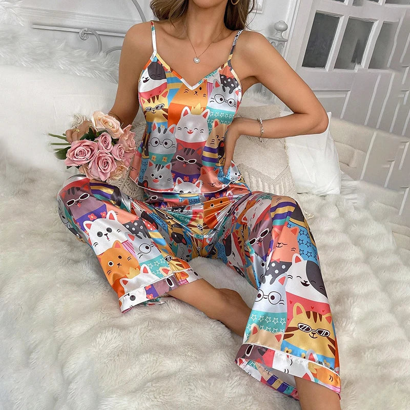 Women's Summer Satin Pajama Set - V-Neck Cami & Elastic Pants