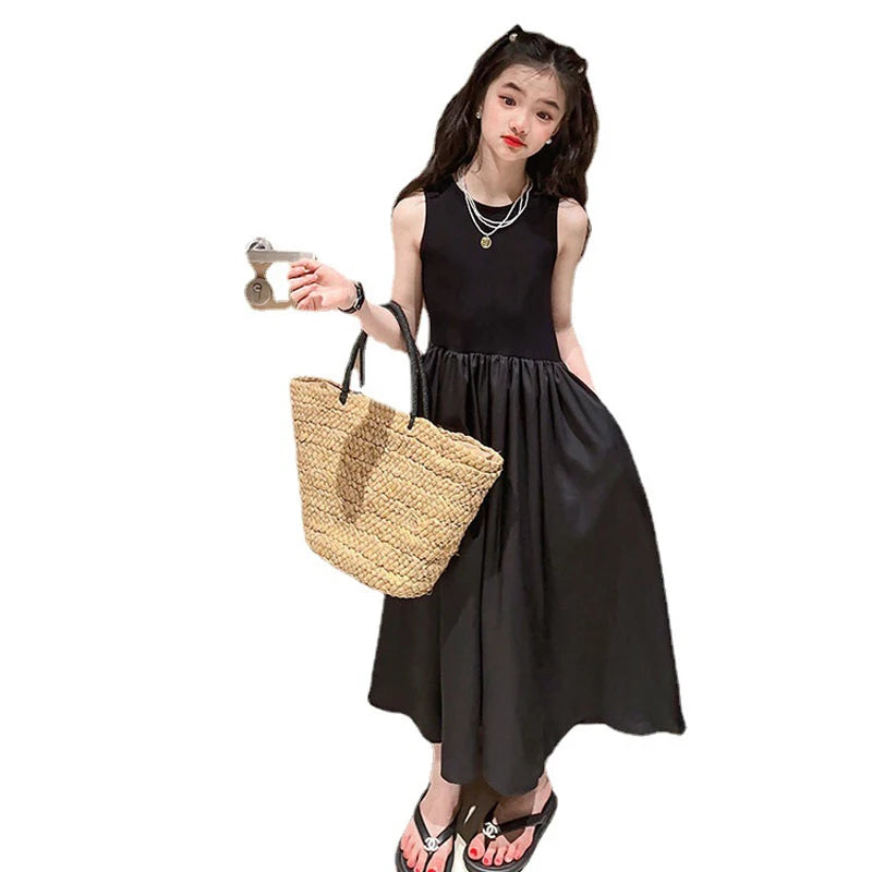 Girls' Summer High End Black Sleeveless Dress - Stylish Long Vest Dress
