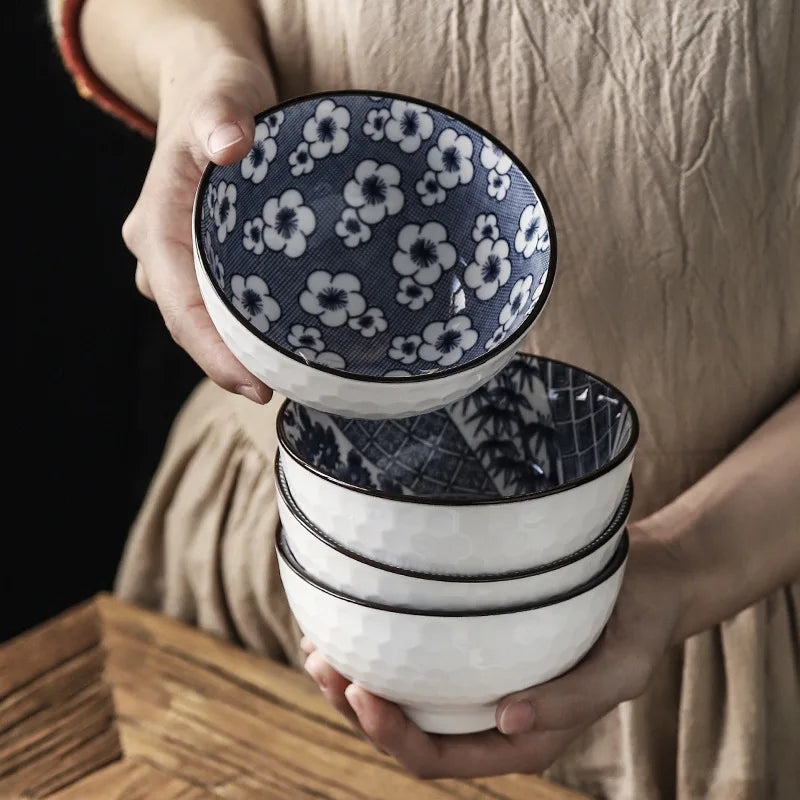 Minimalist Blue Ceramic Dinner Bowl, (300ml) Authentic Flowered Pottery Set, Available in 2/4/6 PCS Set
