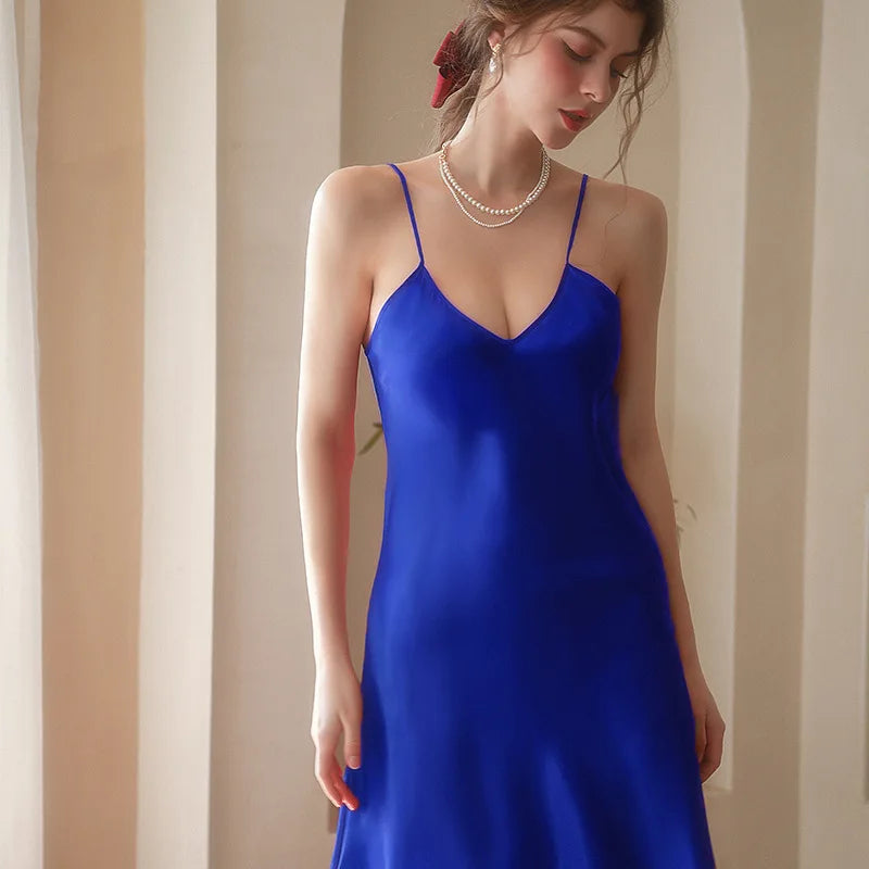 Women's Fashion V-Neck Nightgown - Solid Silk Satin Sleepwear