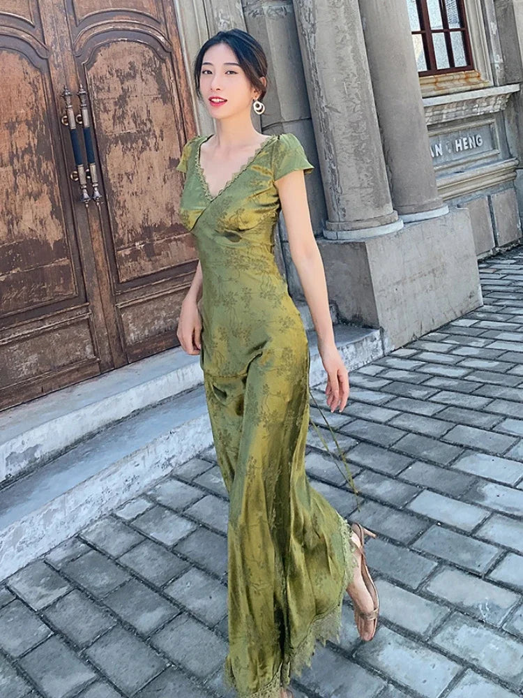 Turquoise Green V-Neck Backless Satin Jacquard Long Dress