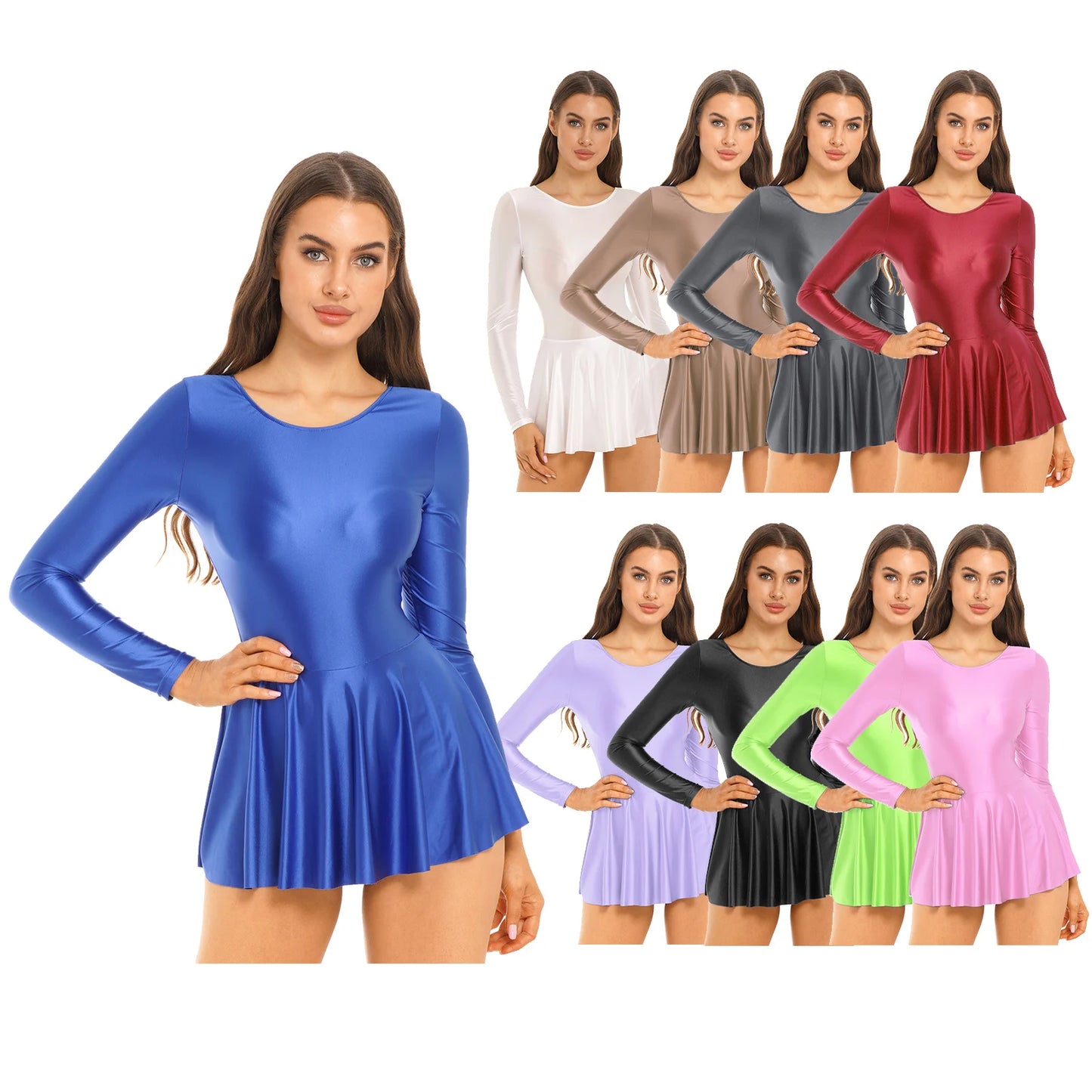 Women's Solid Color Long Sleeve Ruffled Dress - Round Neck