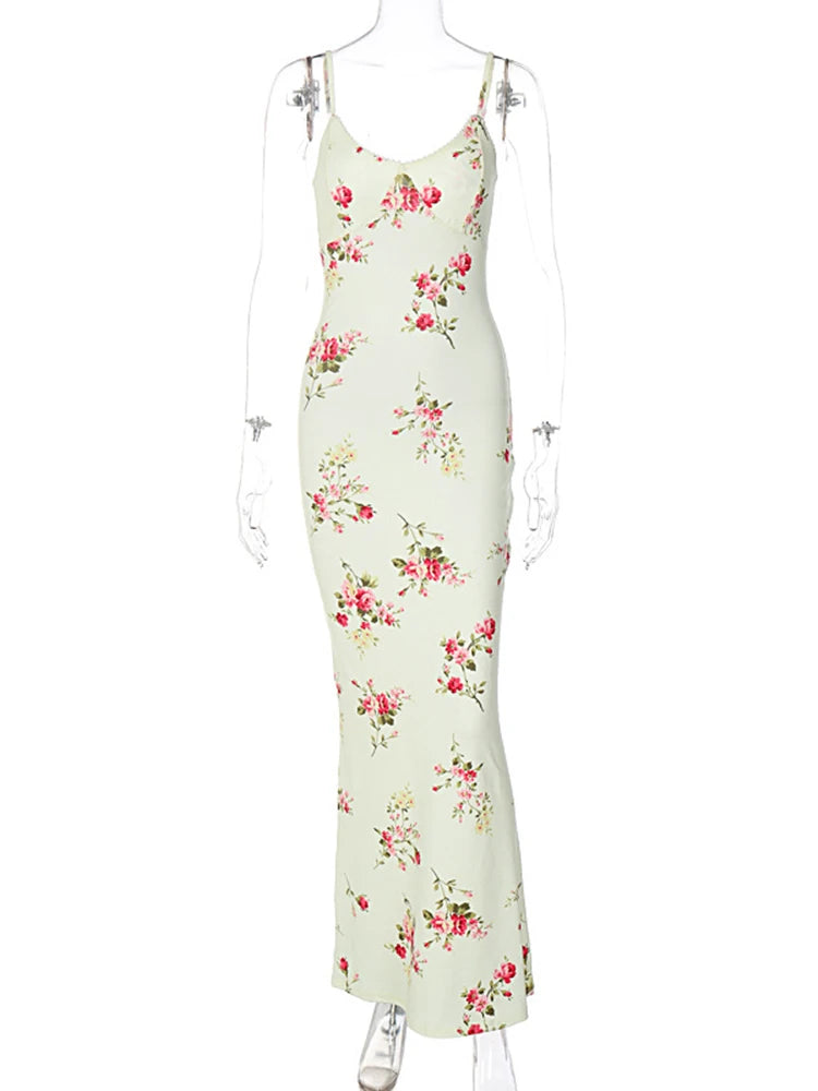 Dulzura Floral Print Strap Midi Dress - Sexy Bodycon Summer Long Dress