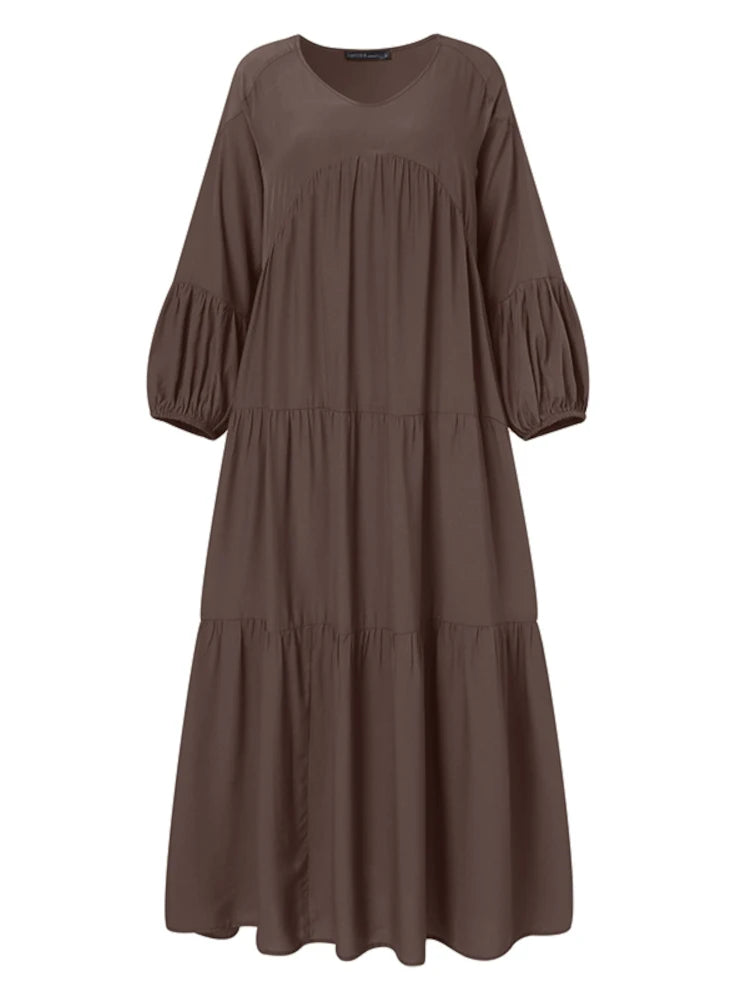 ZANZEA Women Autumn Long Dress - V-Neck Puff Sleeve Maxi Dress