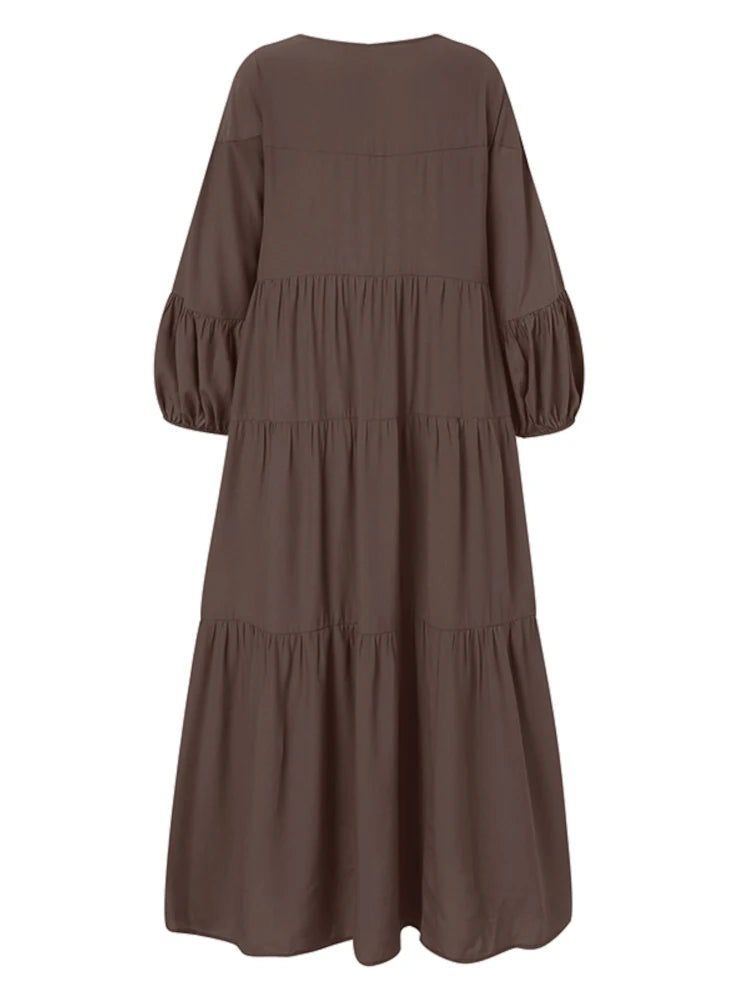 ZANZEA Women Autumn Long Dress - V-Neck Puff Sleeve Maxi Dress