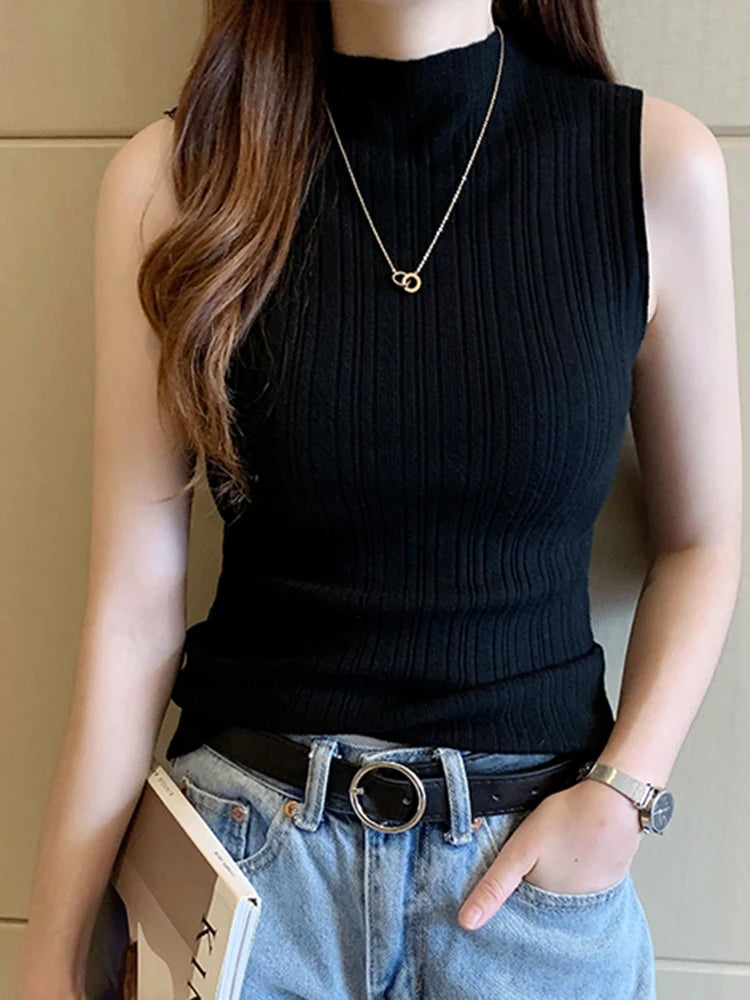 Women Knitted Tank Tops - Thin Basic Casual Sleeveless Tees