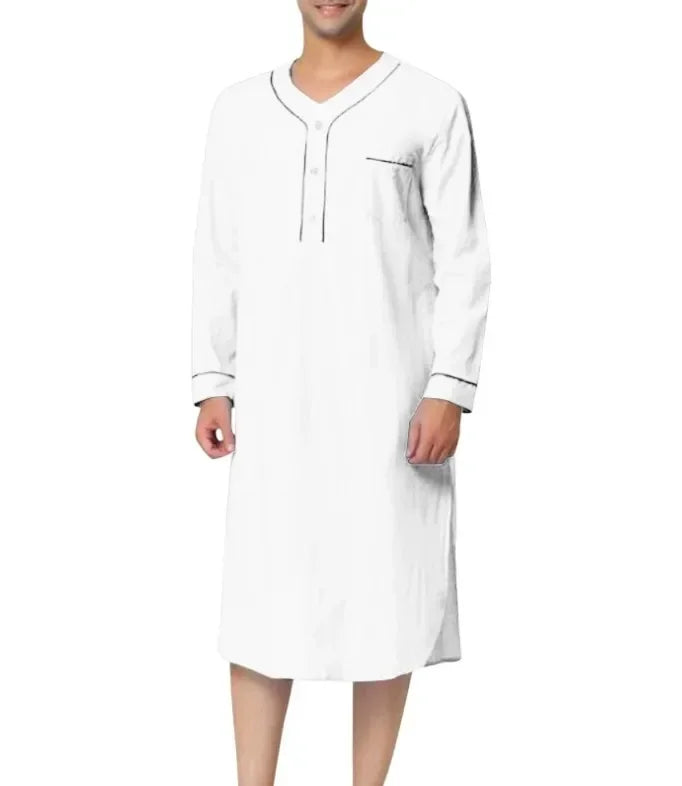 New 2025 Men Jubba Thobe Solid Color Pajamas Fashion Solid Loose Muslim Robe Long-sleeved Nightgown Bathrobes Mens Muslim Kaftan