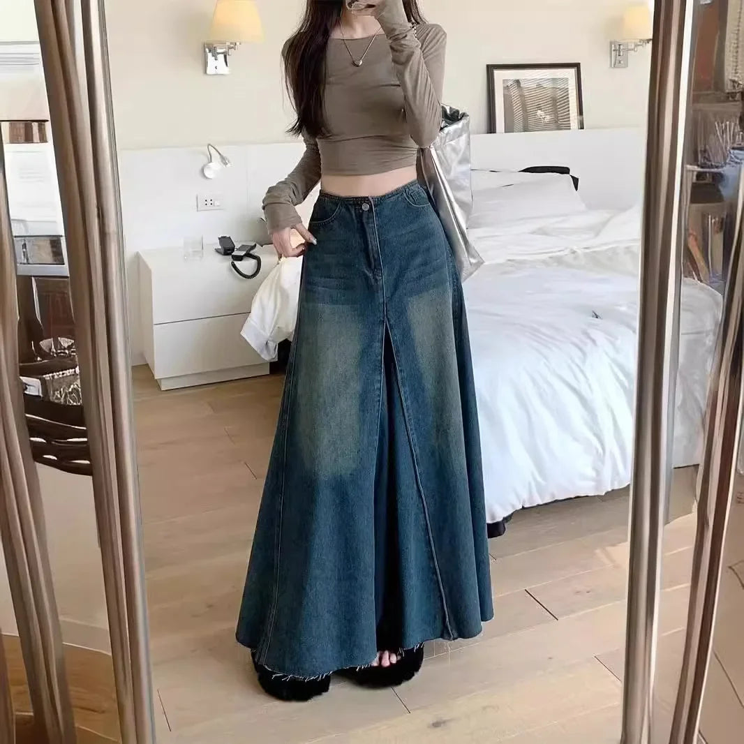 Vintage Washing Denim Skirt - High-Waisted A-Line Long Dress