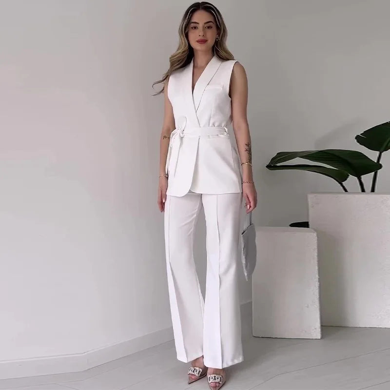 Elegant Solid Color 2-Piece Suit - Sleeveless Top with Long Pants