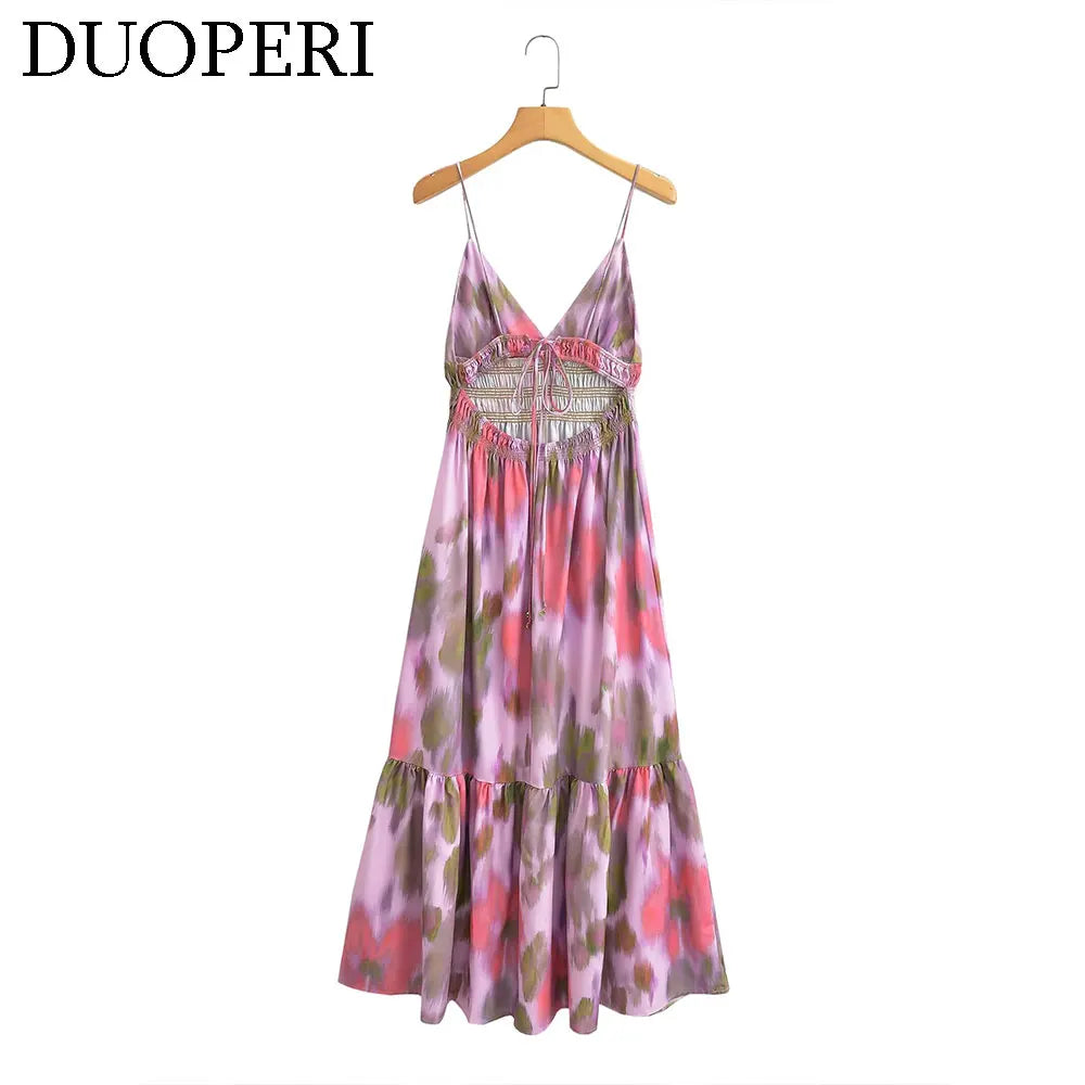 DUOPERI Printed V-Neck Backless Midi Dress - Casual Long Dress