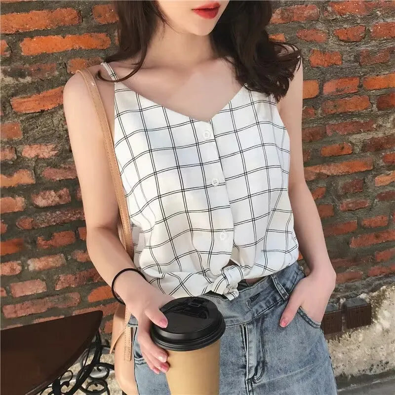 Women Casual Plaid Crop Tops - Sweet Sleeveless Chiffon Tank Tops