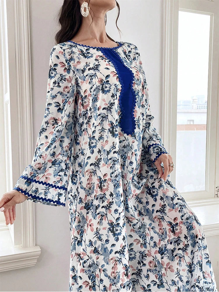 Chic Decent Ditsy Floral Long Sleeve Round-Neck Maxi Casual Shift Jalabiya Dresses