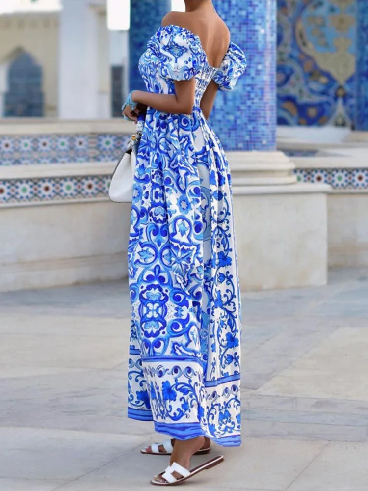 Summer Boho Print Maxi Dress - Puff Sleeve Off Shoulder Beach Dress