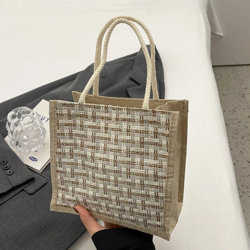Retro Braided Pattern Jute Tote Bag - Large Capacity Grocery & Beach Handbag
