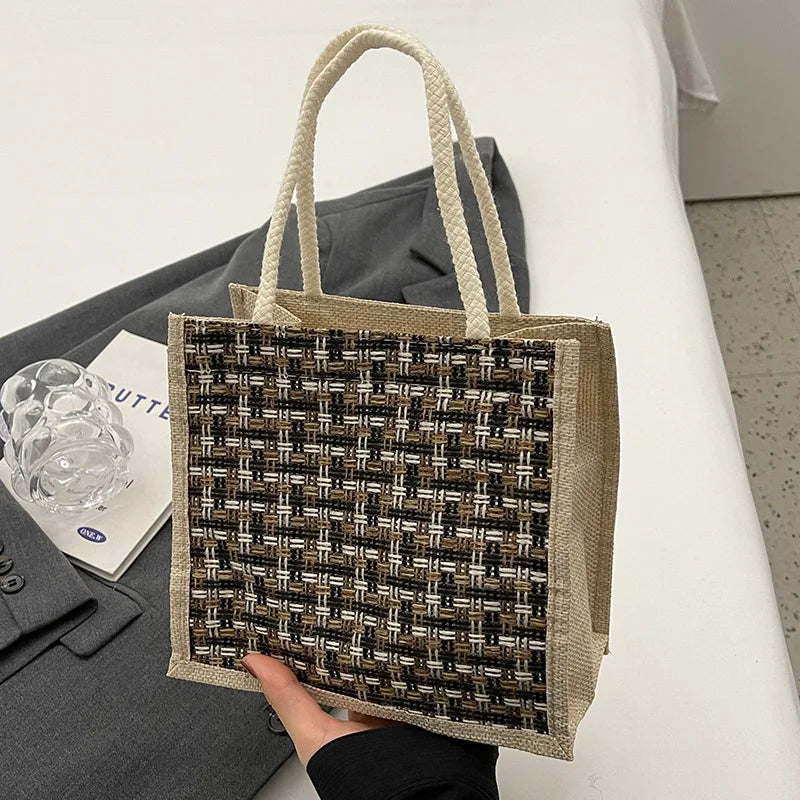 Retro Braided Pattern Jute Tote Bag - Large Capacity Grocery & Beach Handbag