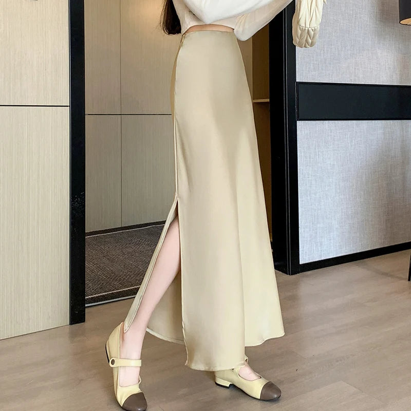 Seoulish Vintage Satin Skirts - Summer Elegant Office Wear