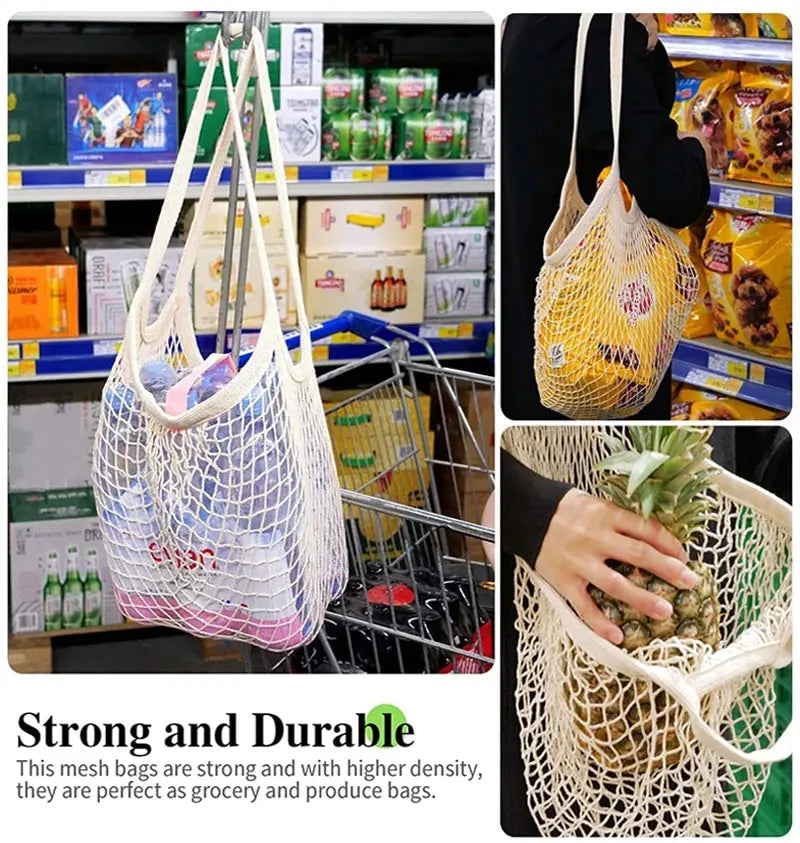 Portable Reusable Grocery Bags - Cotton Mesh String Shopping Tote