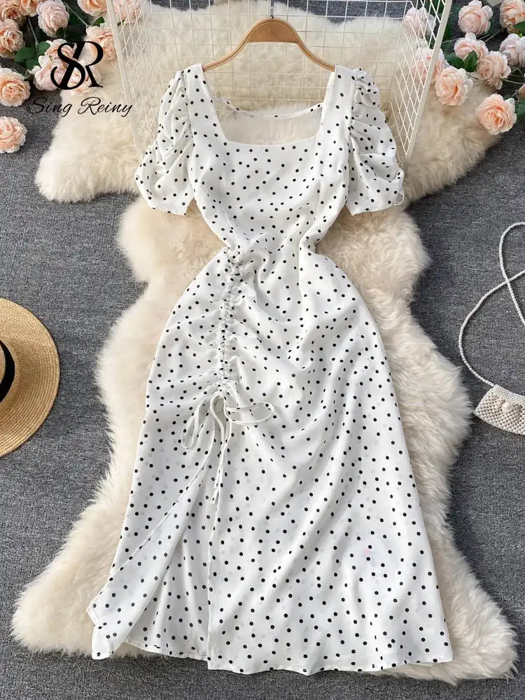 SINGREINY Square Collar Polka Dot Beach Dress - Sweet Chiffon Long Dress