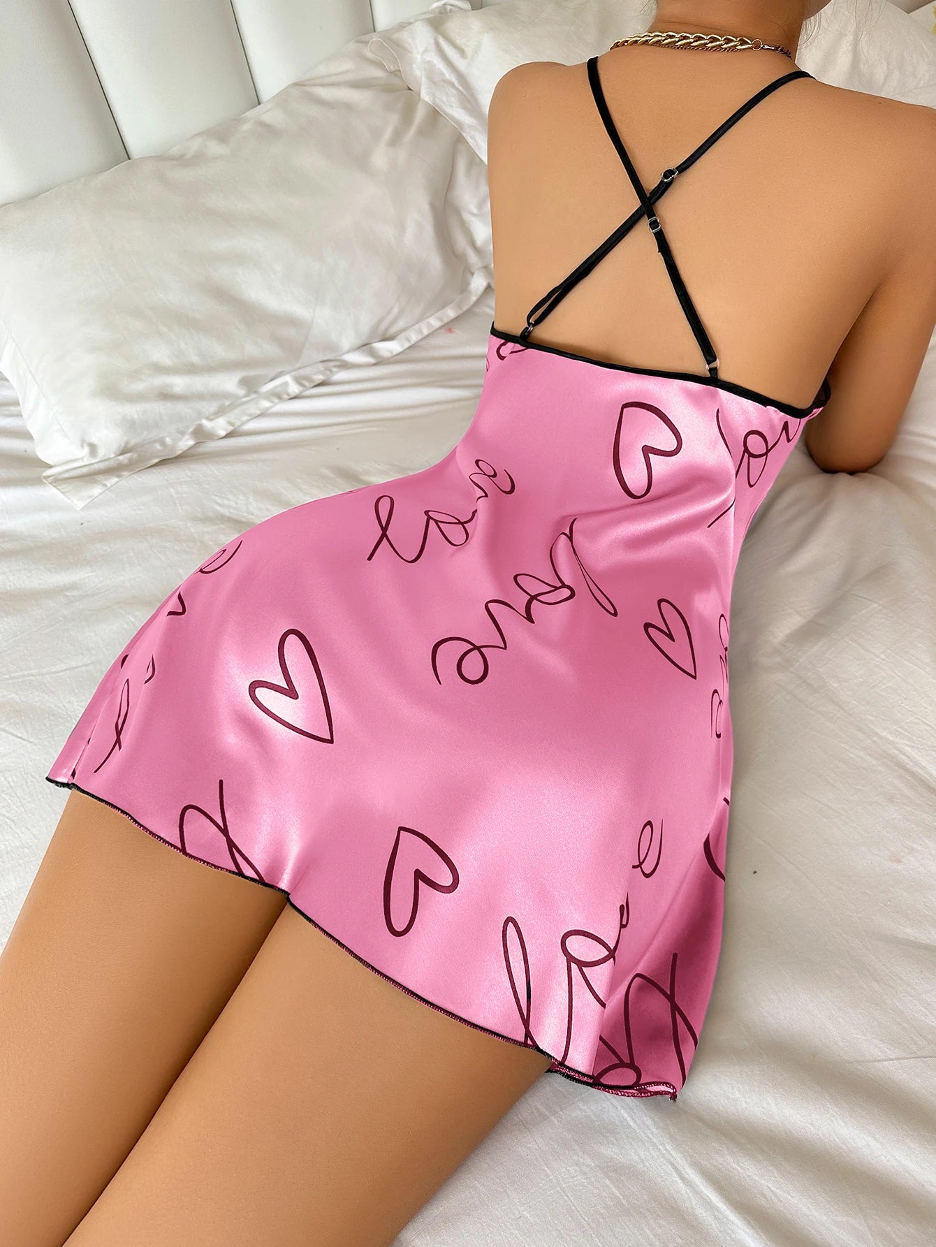 Heart Letter Print Nightdress - Round Neck Spaghetti Strap Sleep