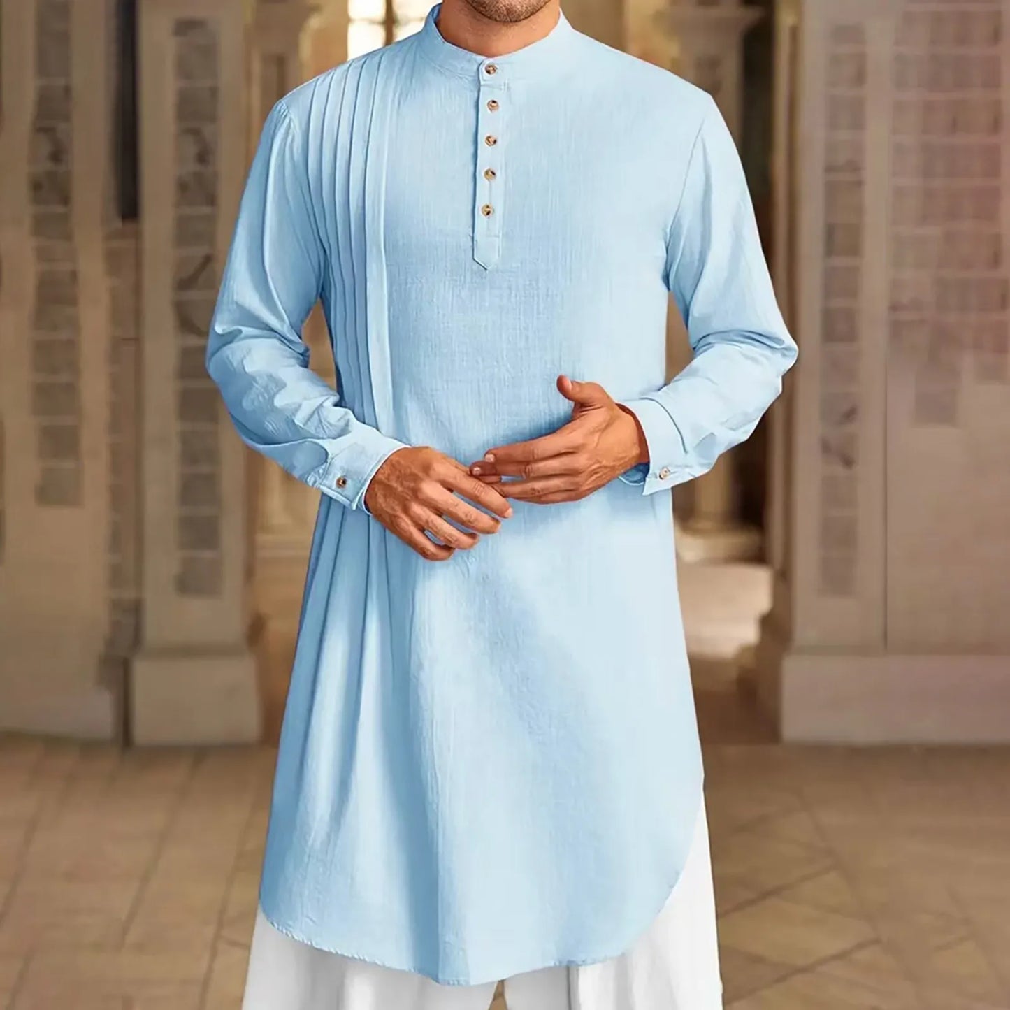 Men's Islamic Cotton Linen Shirt - Stand Collar Kurta Robe