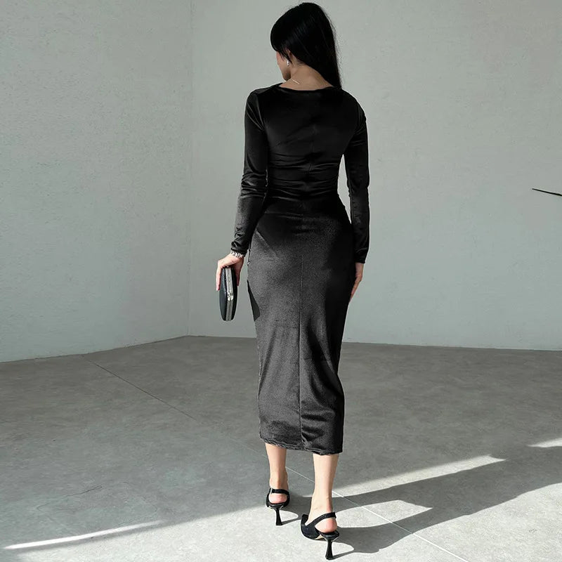 Velvet Midi Dress - Ruched Long Sleeve Evening Outfit