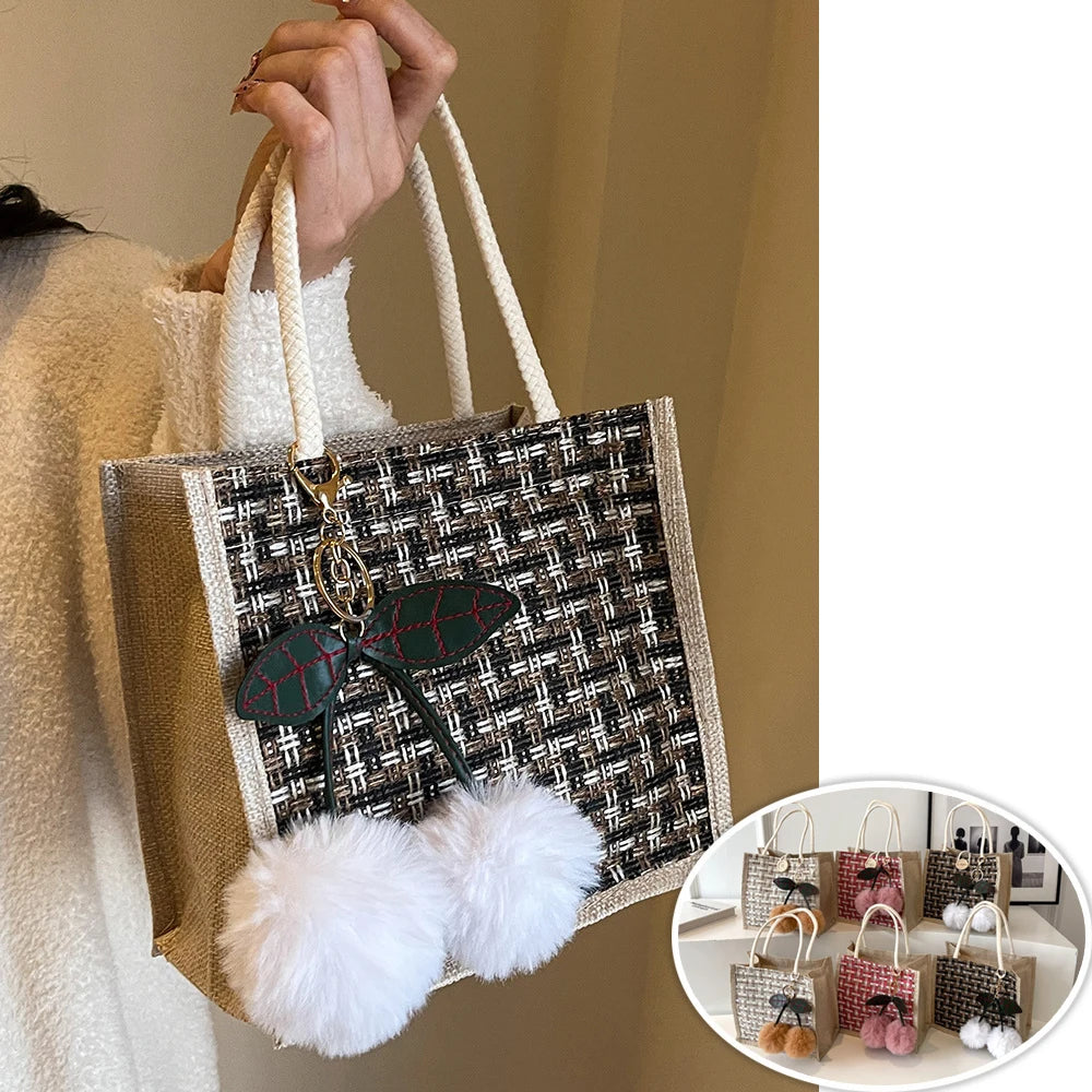 Retro Braided Pattern Jute Tote Bag - Large Capacity Grocery & Beach Handbag