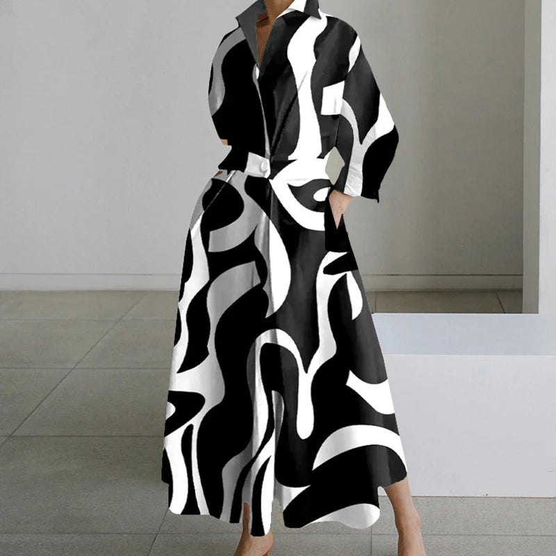 Autumn Maxi Dress - Turn Down Collar Long Sleeve Party Dress