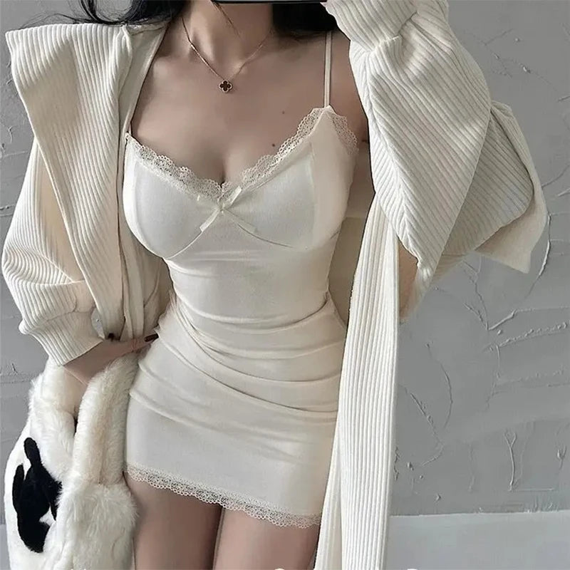 Hot Girl Lace Suspender Dress - Spring Summer Low Collar Hip Skirt
