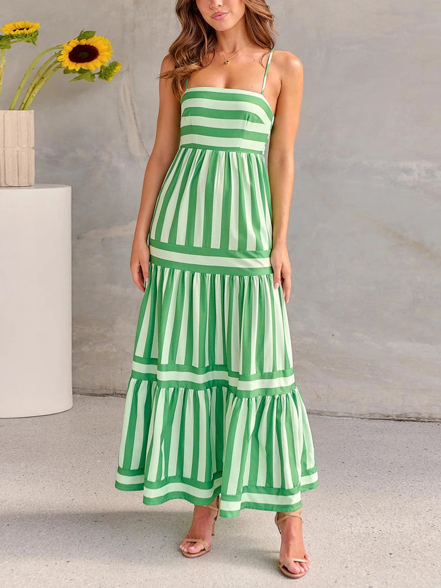 Stripe Printed Spaghetti Strap Beach Dress