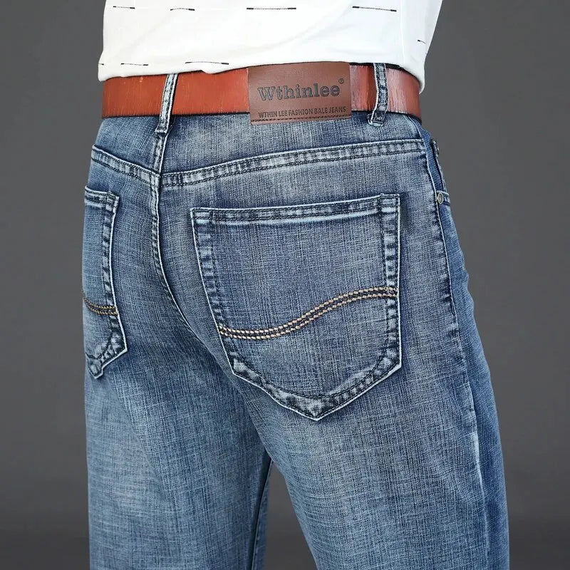 Wthinlee Men's Straight Stretch Jeans - Classic Blue Black Denim Trousers