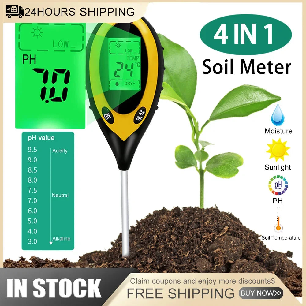 4-in-1 Soil PH Meter | Moisture, Temperature, Sunlight Tester
