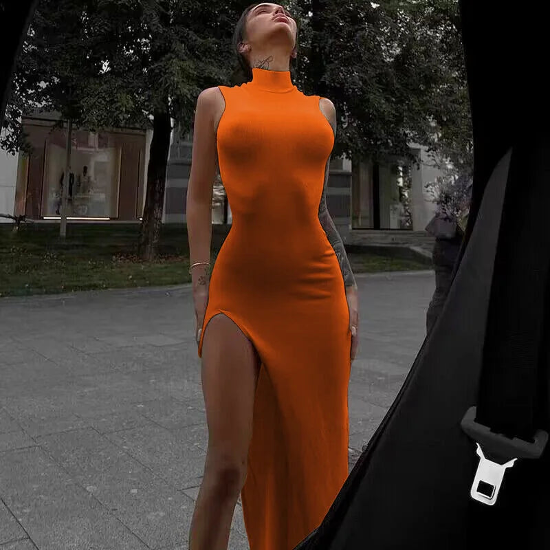 Sleeveless Orange Midi Dress - Side Slit Turtleneck Bodycon